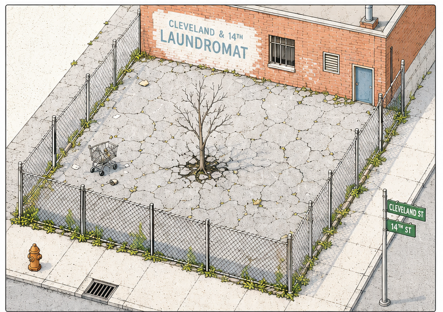 An isometric drawing of an abandoned fenced-in lot behind the Cleveland & 14th Laundromat: cracked asphalt, a lone bare tree, a tipped shopping cart.