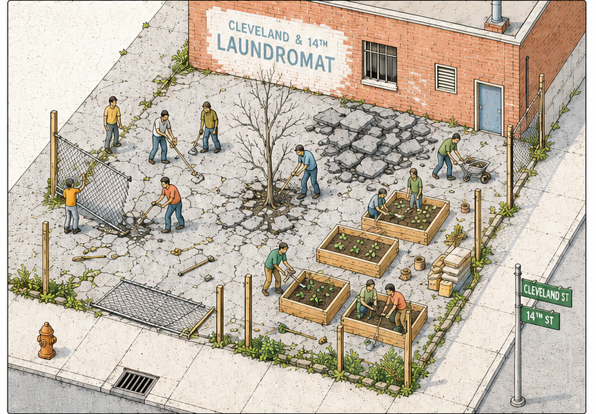 The same lot mid-transformation: neighbors break up asphalt, push wheelbarrows, and assemble raised beds.