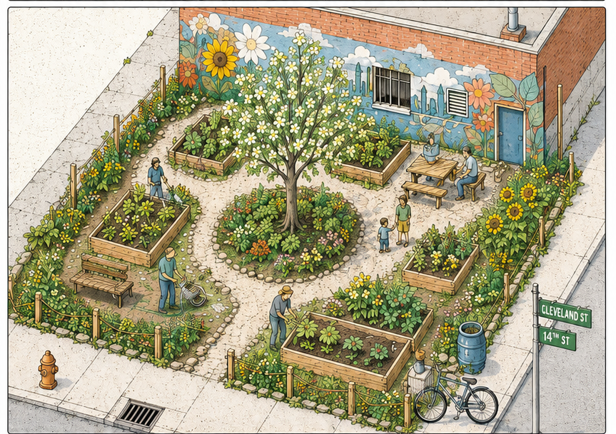 The lot, finished: a community garden with raised beds, a mural on the laundromat wall, a bench, a young tree at the centre.